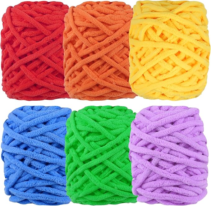 WSICSE Chenille Fluffy Yarn, Thick Chunky Blanket Yarn for Crocheting Plush Soft for Knitting DIY Easter Basket Stuffers, 6 Pack 100g Each 3.5 oz 55 Yards(Rainbow)