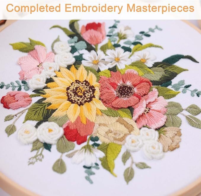 REEWISLY 4set Beginner Embroidery Kit for Adults, 4 Floral Patterns with 2 Hoops, Embroidery Starter Kit with Needles & Floss, Cross Stitch Kits for Beginners, DIY Craft Kit for Handmade Enthusiasts