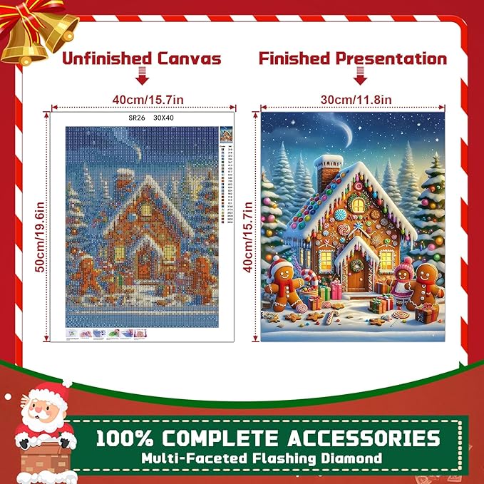 EMIEAUFG Christmas Diamond Art Kits for Adults, Christmas Gingerbread House Diamond Paiting Kit for Beginners, 5D DIY Round Full Drill Craft Diamond Dot Gem Art, Home Wall Decor 12" x 16"