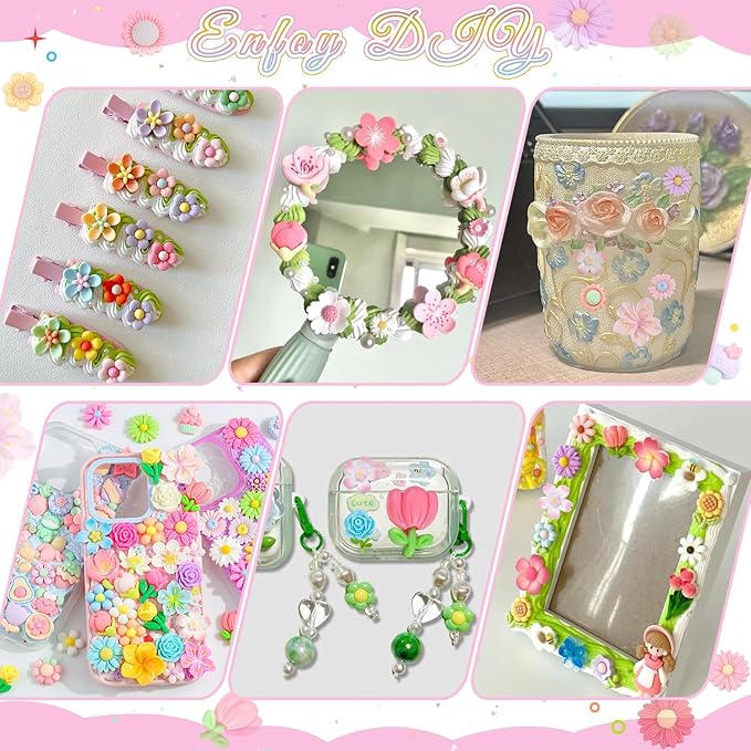 100PCS Flower Slime Charms Cute DaisyFlatback Resin Charms for Slime, Kawaii Random Decoden Charm for Embellishments Phone Junk Case Charms Bulk,Hairpins Scrapbooking Crafting DIY Decor