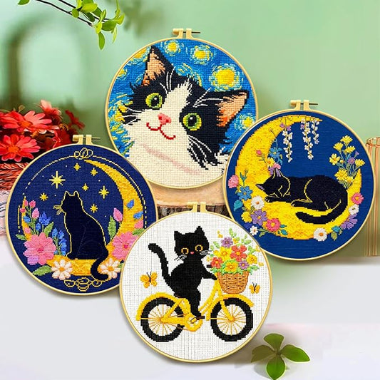 Zhenqing Cat Stamped Cross Stitch Kits for Adults Beginners, DIY Animals Cross Stitch Patterns Kits Printed Needlepoint Kits,Crafts Embroidery Kits for Home Decor-Cat-Themed 4-Piece Set(69207)
