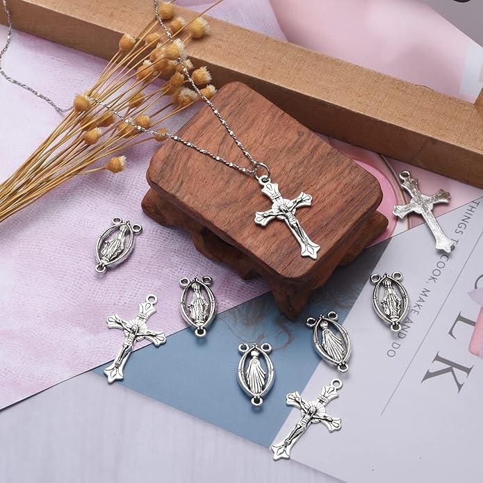 30Pcs/15Sets Alloy Rosary Kits Cross and Center Medal Charms Oval Catholic Jesus Maria Links Pendant for Diy Jewelry Making Supplies