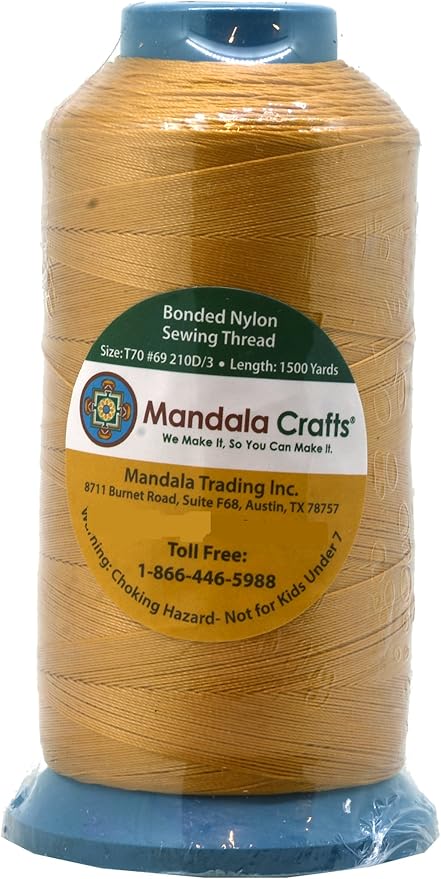 Mandala Crafts Bonded Nylon Thread Gold Heavy Duty Sewing Threads - 1500 YDs Size 69 210D T70 Tex 70 Thread for Leather Jeans Weaving Outdoor Marine Upholstery Threads