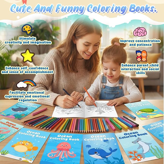 Liliful 144 Pcs Ocean Cartoons Coloring Book Bulk for Kids Mini Ocean Cartoons Theme Drawing Book with Sea Creature Shell Patterns Marine Life Goodie Bag Filler Party Favors and Holiday Gifts