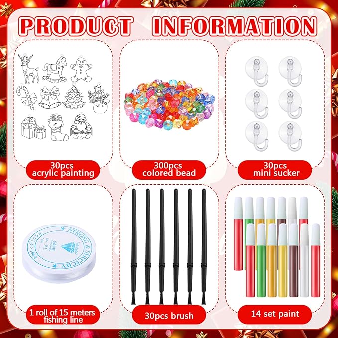 Sonwyoung 30 Sets Christmas Suncatchers Ornament Craft Kits, DIY Glow in The Dark Suncatcher Kits Stained Glass Winter Xmas Window Paint Art for Party Activities Art Craft Party Favors