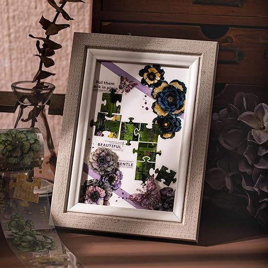 6-Roll Puzzle Piece Floral PET Tape Set – Pre-Cut Transparent Vintage Collage Flower Stickers for Scrapbooks Journals Planners Cards & DIY Craft Decoration