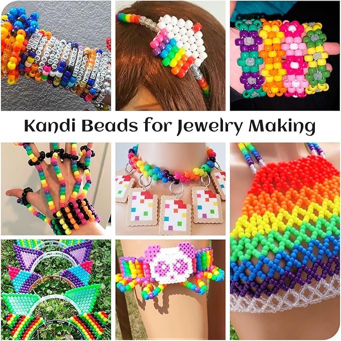 1000+Pcs Pony Beads for Bracelets, 12 Colors Rave Kandi Bead Bulk Plastic Hair Beads for Jewelry Making Rainbow Colorful Large Hole Bead Arts and Crafts DIY Necklace Keychain Making