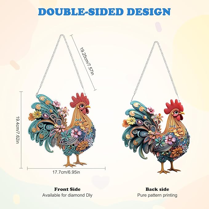 HEIBAGO Chicken Hanging Diamond Art Kits for Adults, Rooster Special Shaped Crystal Diamond Painting Ornament Kit, DIY Double-Sided Pattern Window Pendant Gem Art Kit for Home Wall Decor 8.3x8.3inch