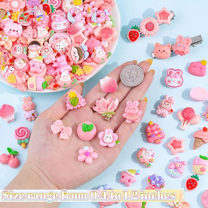 100PCS Pink Slime Charms Cute Flatback Resin Charms for Slime, Random Kawaii Decoden Charm for Embellishments Phone Junk Case Charms Bulk, Hairpins Scrapbooking Crafting & DIY Decoration