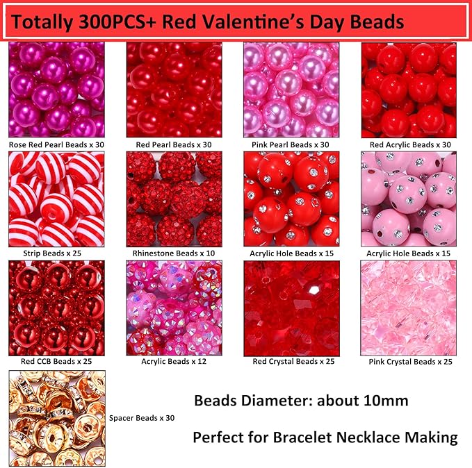 320 Pieces Valentine’s Day Beads Heart Charms for Necklace Bracelet Jewelry Making Red Crystal Pearl CCB Beads Rhinestone Glitter Heart Pendant Charms for DIY Crafts Decorations