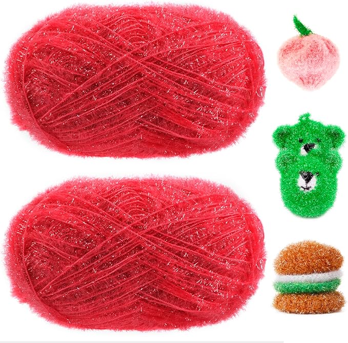 JeogYong Scrubby Yarn 2 Skeins (2 x 100g, 2 x 218yd) Scrubby Sparkle Yarn, Fluffy Polyester Scrubbie Crochet String for Crocheting Knitting Dishcloths Washcloths DIY Projects