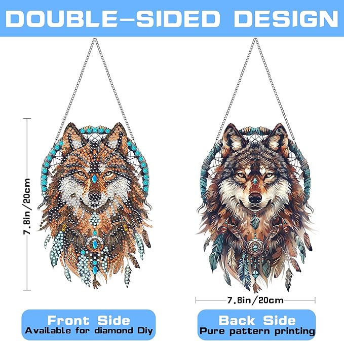 VAIIEYO Wolf Diamond Painting Hanging, Animal Diamond Painting Suncatchers Double Side Window Hanging Kit with Chain, 7.5x7.5 inch Crystal Pendant Art Craft for Gift Home Wall Front Door Decoration