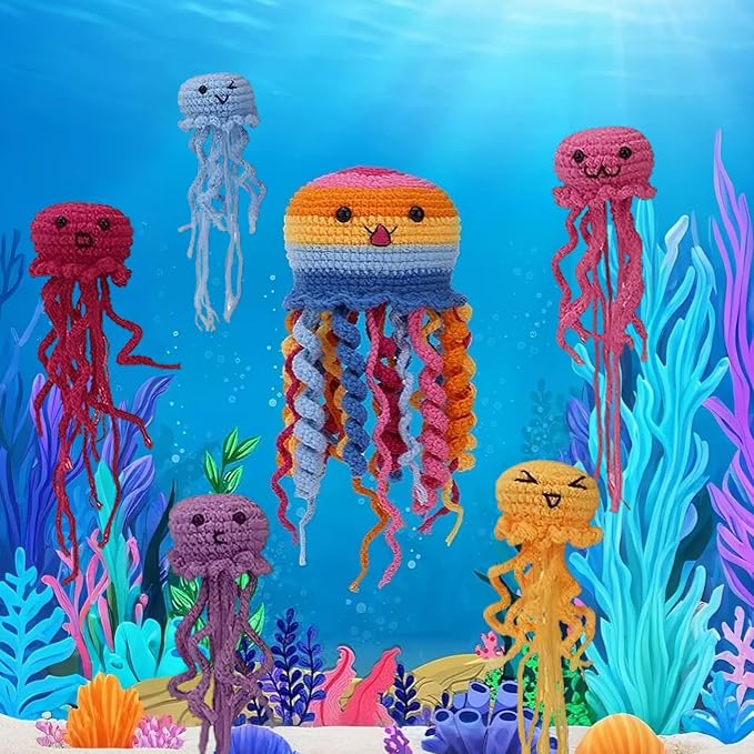 Blossvane Beginners Crochet Kit for Adults - 6 Pack Magical Jellyfish, Complete Starter Amigurumi Kit with Easy Step-by-Step Video Tutorials, Learn to Crochet Kit for All Ages