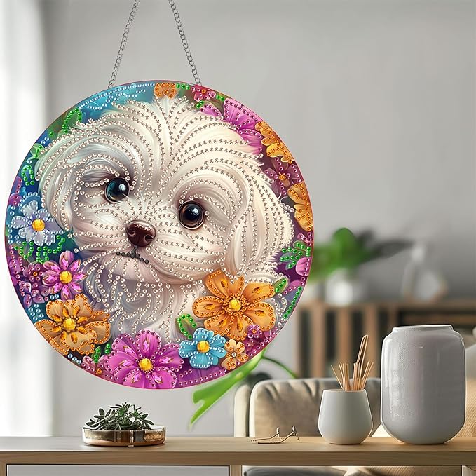Bimkole Dog Diamond Art Hanging Kit for Adult, DIY 5D Diamond Art Pet Animal Window Pendant, Acrylic Crystal Art Hanging Ornament Home Wall Garden Front Door Sign Outdoor Decor 7.8x7.8 Inch