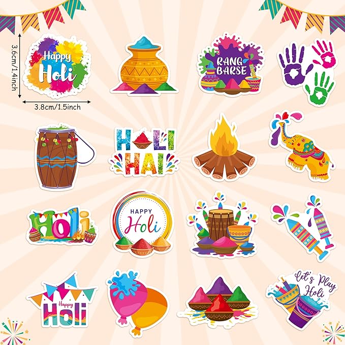 beyumi happy holi sticker roll - 1000pcs indian holi hai festival stickers in 2 rolls waterproof vinyl holiday celebration colorful decals gift festival party favors laptop bottle scrapbooking decor