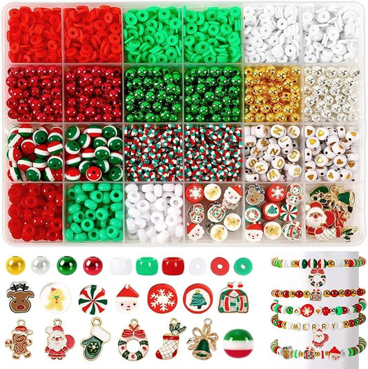 UPINS 2100PCS+ Christmas Bracelet Making Kit, Christmas Red Green White Gold Clay Beads for Friendship Jewelry Making Holiday with Xmas Charms