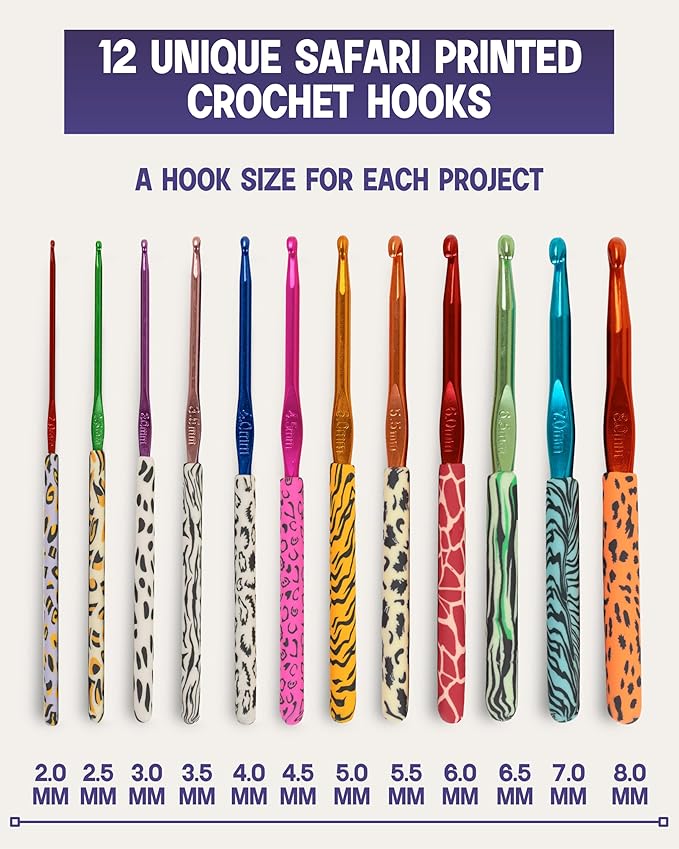 The Quilted Bear Safari Crochet Hook Set - 12 Ergonomic Soft Grip Crochet Hooks Set with Light Polymer Clay Handle for Comfortable Crocheting & Knitting (2mm-8mm)