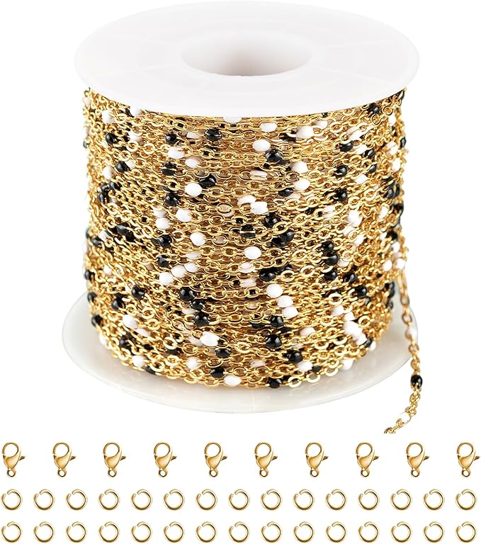 UMAOKANG 10 Meters White Black Enamel Bead Chain for Jewelry Making Gold Plated Stainless Steel Cable Chains for Necklace DIY