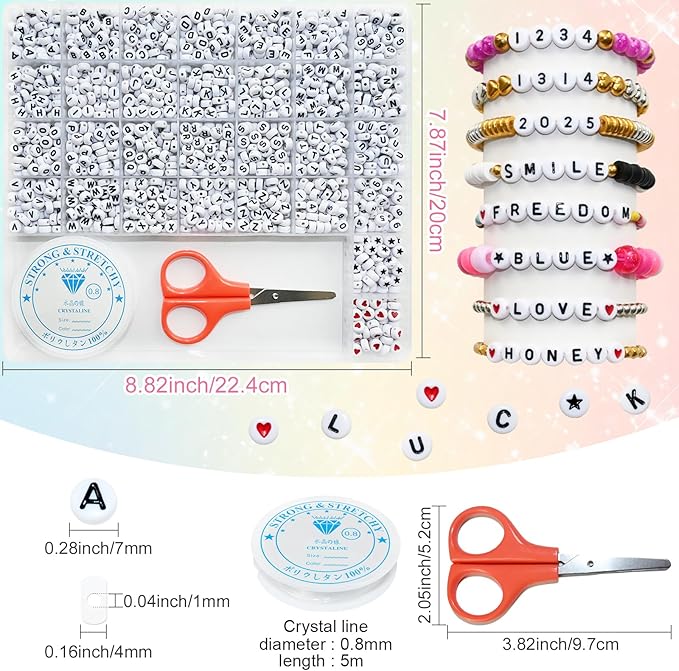 Amaney 1500 Pieces 4x7mm White Round Acrylic Alphabet Letter Beads A-Z Number Beads Star Beads Heart Beads and Crystal Line for Jewelry Making