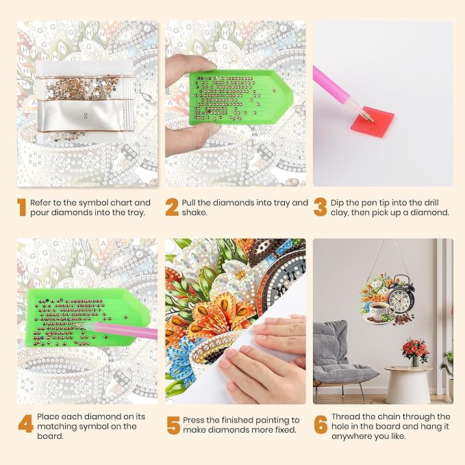 MXJSUA Coffee Floral Clock Diamond Painting Art Window Suncatchers, Diamond Art Kits for Adults Hanging Ornaments with Chain, 5D Special Shape Crystal Diamond Pendant Accessories for Decor Gift