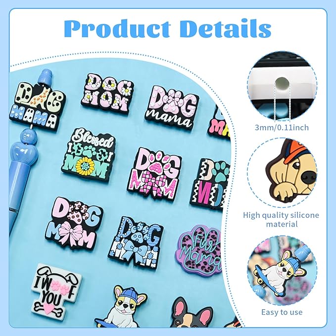 XHAOYEAHX 30PCS Dog Focal Beads for pens, Silicone Focal Beads Bulk for Beadable Pen Keychain Bracelet Lanyard Making Kit
