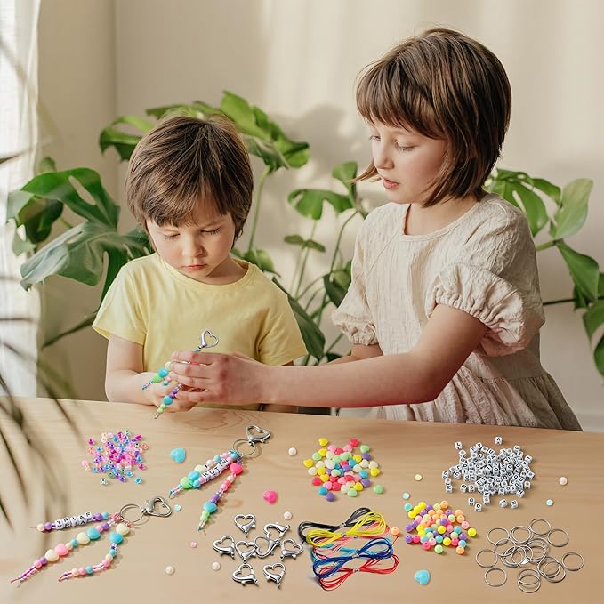 WATINC DIY Heart Keychain Making Craft Kits,Beads for Jewelry Making Set Supplies with Adjustable Letter Transparent Beads, Bag Charm Bracelets Key Ring Accessories Festival Party Favor (296Pcs)