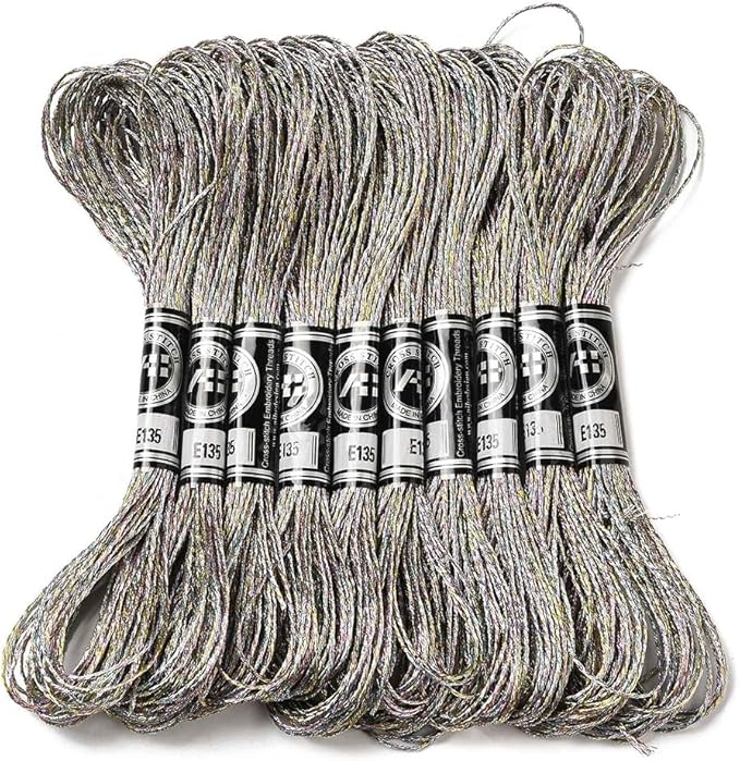 10 Skeins Grey Polyester Embroidery Floss Metallic Shimmer Crewel Cross Stitch Threads Silver Glitter Floss for Sewing Making String Art Tassels DIY Project Friendship Bracelets Home Decor