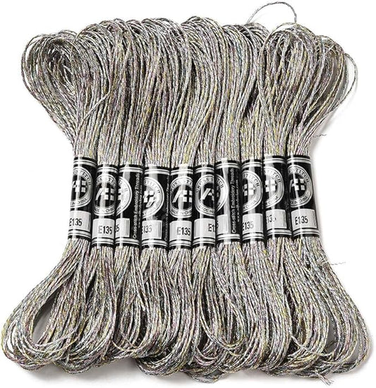 10 Skeins Grey Polyester Embroidery Floss Metallic Shimmer Crewel Cross Stitch Threads Silver Glitter Floss for Sewing Making String Art Tassels DIY Project Friendship Bracelets Home Decor