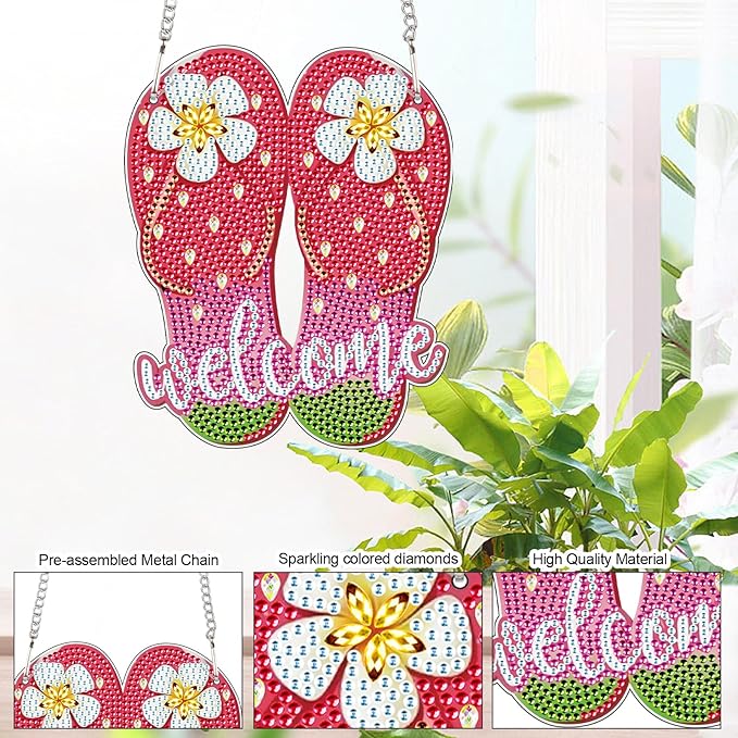 AiYuanzsh Welcome Flip Flops Diamond Painting Hanging Sign – 5D DIY Summer Door or Wall Decor Kit with Flowers – Colorful Rhinestone Craft Ornament with Tools