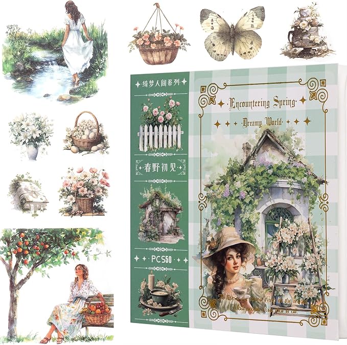 Garden Journal Stickers, 50 Sheets Washi Junk Journaling Sticker Book, Scrapbook Supplies, Watercolor Scrapbooking for Adults, Green Decorative Ephemera Arts Craft