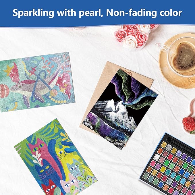 Mini Glitter Watercolor Paint Set with Paper, 60 Colors Shimmer Metallic Watercolour Painting Sets, Solid Pearl Water Color Paints, 1ml Trial Package(1ml 60 Colors)