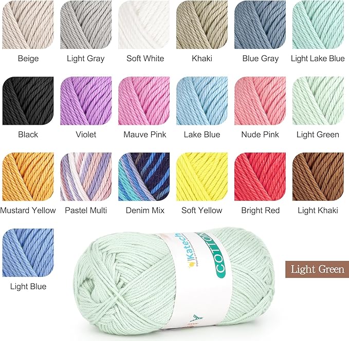 Katech Pure Cotton Yarn for Crocheting & Knitting–Soft Sport Weight CYC #2, 6 Skeins (50g Each, 300g Total), Ideal Crochet Yarn for Dishcloths, Baby Clothes, Socks, Lightweight Scarves（Light Green）