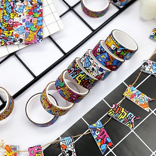 12 Rolls Washi Tape Set,6 Design Colorful Graffiti Decorative Tape Street Art Doodle Masking Tape for Journaling Supplies, Junk Journal, Scrapbooking, DIY Arts & Crafts, Planner, Gift Wrapping