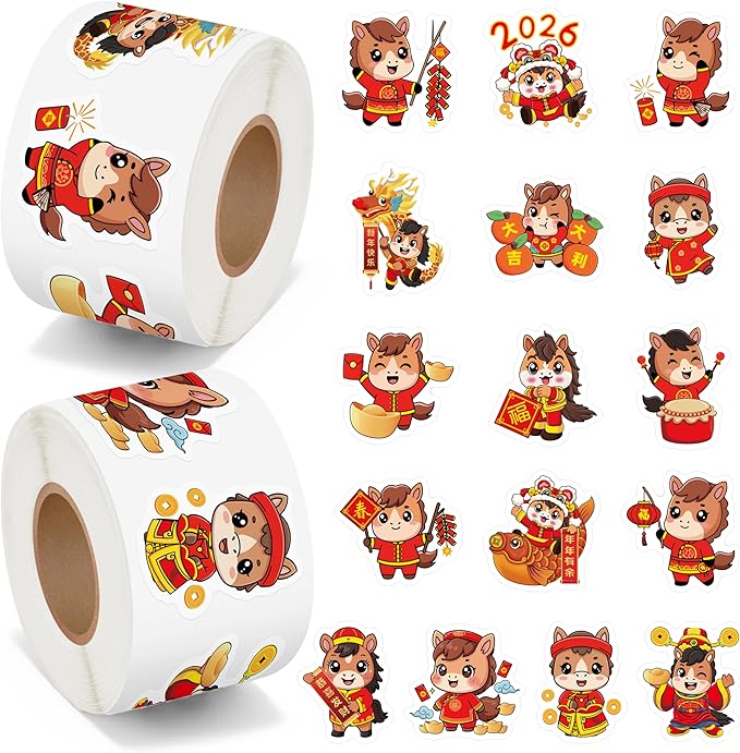 beyumi chinese new year stickers - 1000pcs spring festival 2026 year of the horse cute stickers in 2 rolls waterproof vinyl lunar nye celebration decals for candy gift party favor laptop bottle decor