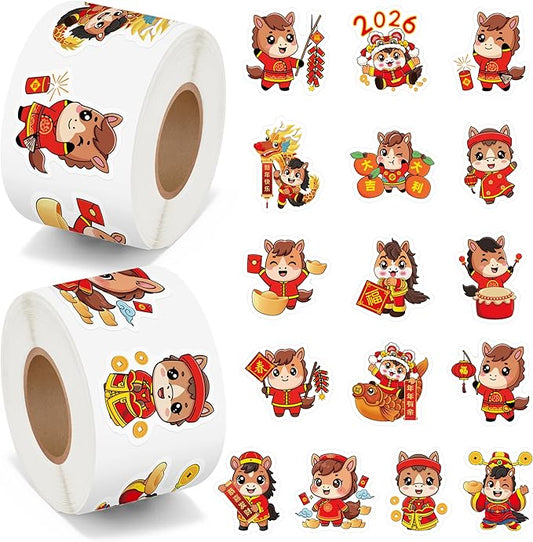 beyumi chinese new year stickers - 1000pcs spring festival 2026 year of the horse cute stickers in 2 rolls waterproof vinyl lunar nye celebration decals for candy gift party favor laptop bottle decor