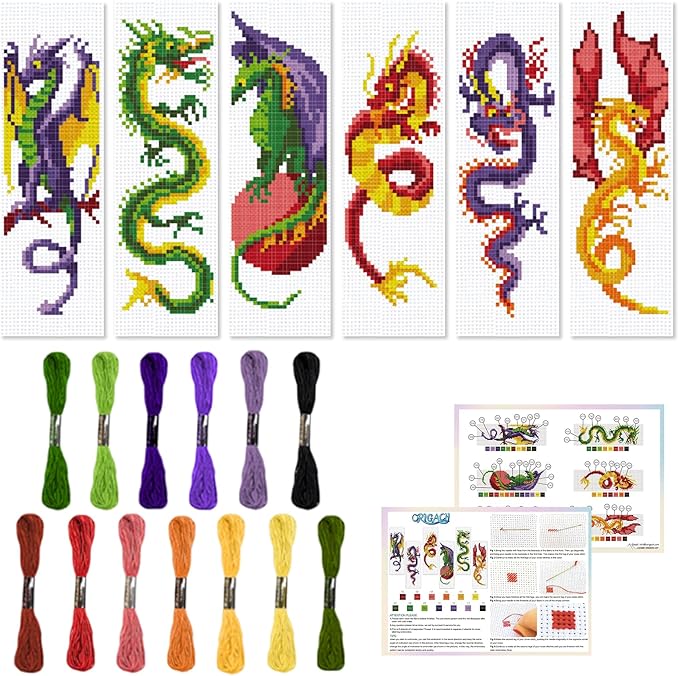 ORIGACH 6 Pcs Cross Stitch Bookmark Kit for Beginner Dragon Pattern Stamped Embroidery Stitch Kits for Starter DIY Bookmarks Printed Cross Stitch Kits with 13 Colors Embroidery Floss