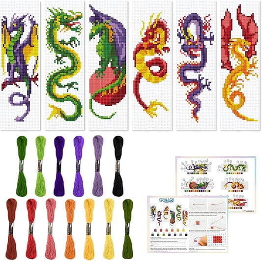 ORIGACH 6 Pcs Cross Stitch Bookmark Kit for Beginner Dragon Pattern Stamped Embroidery Stitch Kits for Starter DIY Bookmarks Printed Cross Stitch Kits with 13 Colors Embroidery Floss