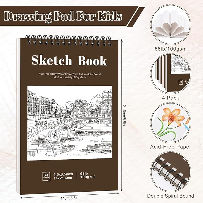 4 pack small sketch books, 5.5 x 8.5 inch mini sketchbook, 68lb/100gsm spiral bound small sketch pad, acid free art supplies drawing painting sketchbook for kids, beginners, artists (yellow-brown)