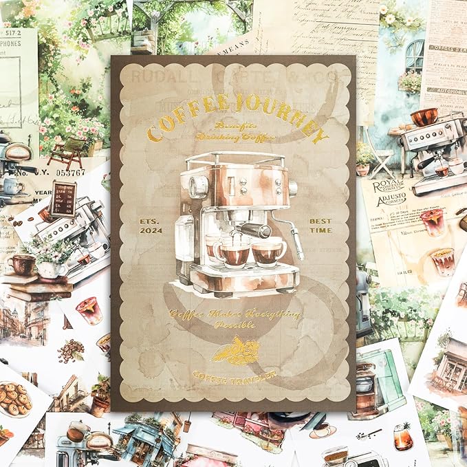 RISYPISY 54 Sheet Scrapbooks Supplies Kit, Precut PET/Washi Stickers, Coffee Sticker for Junk Journal Adult Planner DIY Crafts Decorative Paper for Scrapbooking