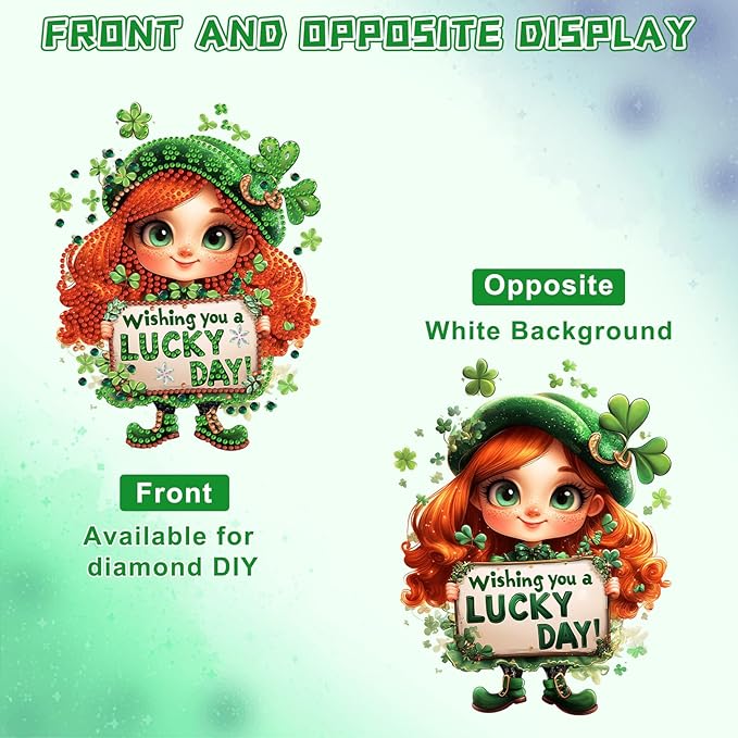 KEYIFA St. Patrick's Day Diamond Painting Kit, DIY Lucky Girl Diamond Art for Adults, Diamonds Pendant Special Shaped Rhinestone Window Hanging Ornaments Home Garden Wall Door Decoration, 20cm Width