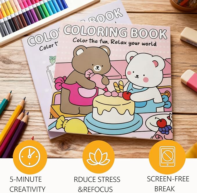 Cute Coloring Book Set for Teens Adults Relaxation, Easy and Simple Designs Coloring Book for Teens Girls, Stress Relief Gifts for Women with 36 Colors Markers & 12 Glitter Pens & 12 Colored Pencils
