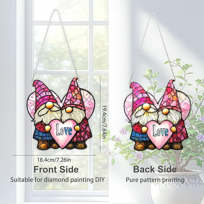 TOSTOG Diamond Art Hanging Kits for Adults, Couple Gnome Diamond Painting for Adults Window Pendant, Valentine Special Shape Diamonds Diamond Painting Hanging Pendant Kit for Home Couple Decor Gift
