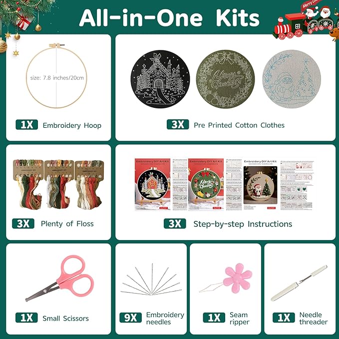 Meyocky Christmas Embroidery Kit, 3 Set Beginner Embroidery Kit for Adults Starter,Cross Stitch Kits Hand Needlepoint DIY Christmas Craft with Pattern Hoop Needles Threads Tools 7.8 Inch
