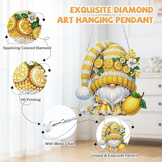 Bowetile Gnome Diamond Art Hanging Kits for Adults, Diamond Art Suncatchers Lemon, 5D Special Shape Diamond Painting Pendant Window Ornament Gifts for Home Wall Door Garden Decor