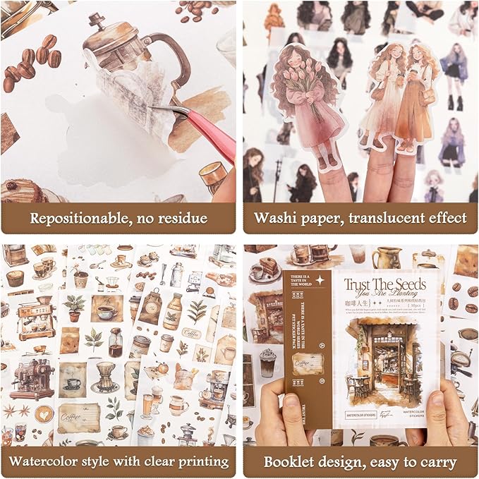 RISYPISY Pre-Cut Coffee Sticker for Scrapbooks 50 Sheet-558pcs Washi Journaling Stickers Ephemera for Junk Journal Supplies Scrapbooking Supplies for Bujo Planner Collage Crafts