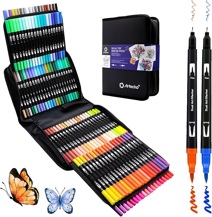 Artecho 120 Colors Markers for Adult Coloring Books, Dual Tip Markers for School, Fine and Brush Tip for Adults Coloring Books, Calligraphy, Drawing, Sketching