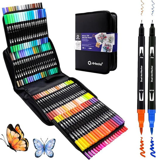 Artecho 120 Colors Markers for Adult Coloring Books, Dual Tip Markers for School, Fine and Brush Tip for Adults Coloring Books, Calligraphy, Drawing, Sketching