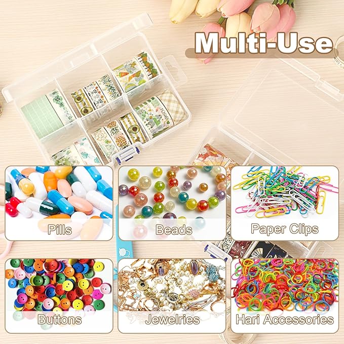 BTSKY 2 Pack Plastic Storage Box with 6-Compartment Grids, Washi Tape Organizer with Removable Dividers, Lightweight Clear Washi Tape Container Case for Storage Bead Jewelry Small Tool and Stamps
