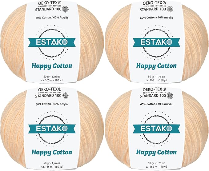 Estako Happy Cotton, (4 Skeins Pack) 60% Cotton 40% Acrylic Yarn, Soft, Fine/Sport (2) for Crochet and Knitting (4 x 1.76 Oz) / (4 x 180 Yrds) (4170 - Nude)