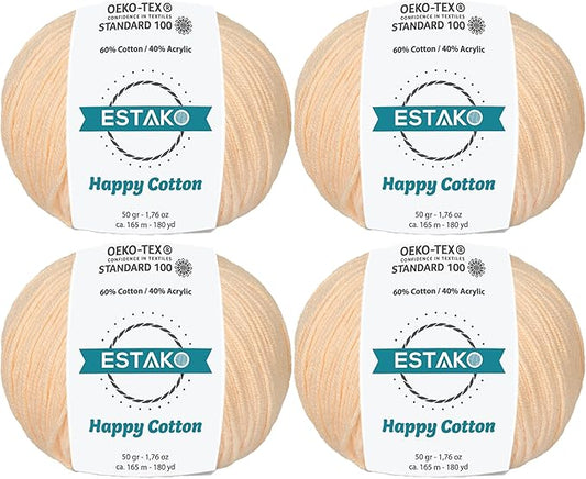 Estako Happy Cotton, (4 Skeins Pack) 60% Cotton 40% Acrylic Yarn, Soft, Fine/Sport (2) for Crochet and Knitting (4 x 1.76 Oz) / (4 x 180 Yrds) (4170 - Nude)